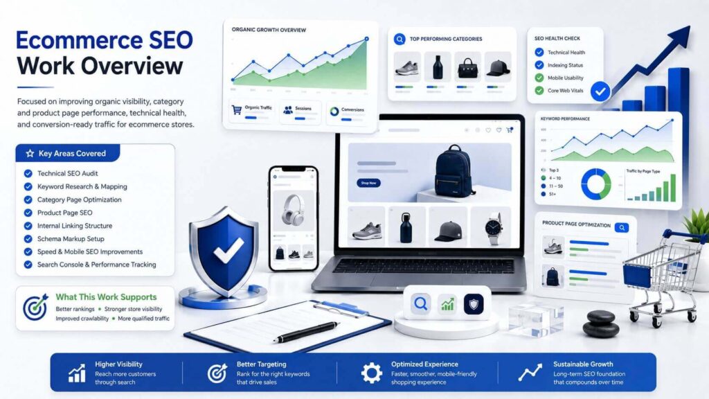 Ecommerce SEO work overview with product optimization and organic growth analytics